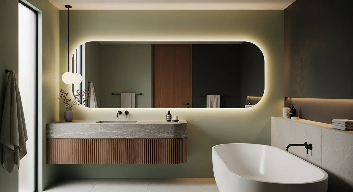 Australia’s 2025 Bathroom Trends Perth earthy bathroom design with fluted timber vanity and oval bathtub by Fahm Bathroom