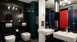 “Commercial Bathroom Supplies Perth with stainless steel fixtures, touchless taps, vitreous china toilets, and decorative flowers for a stylish, hygienic space”