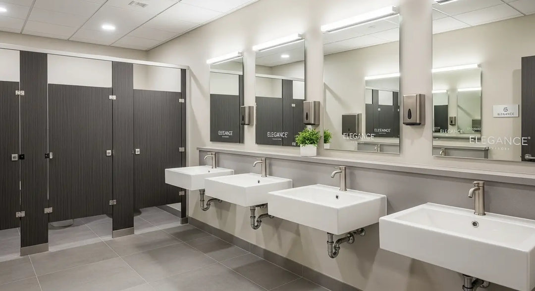 Hero image of a modern, durable commercial bathroom in a U.S. business, showcasing touchless faucets and hygienic, stylish design.