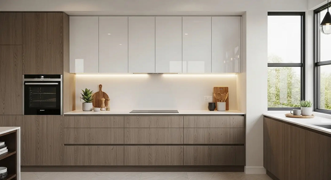 Modern style kitchen wall cabinets in a sleek Perth home with elegant finishes and smart storage design