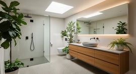 Fahm Bathroom’s Definitive Guide to Perth Bathroom Trends & Renovation Tips 2025 showcasing a modern Perth bathroom with walk-in shower, timber vanity, and eco-friendly design.