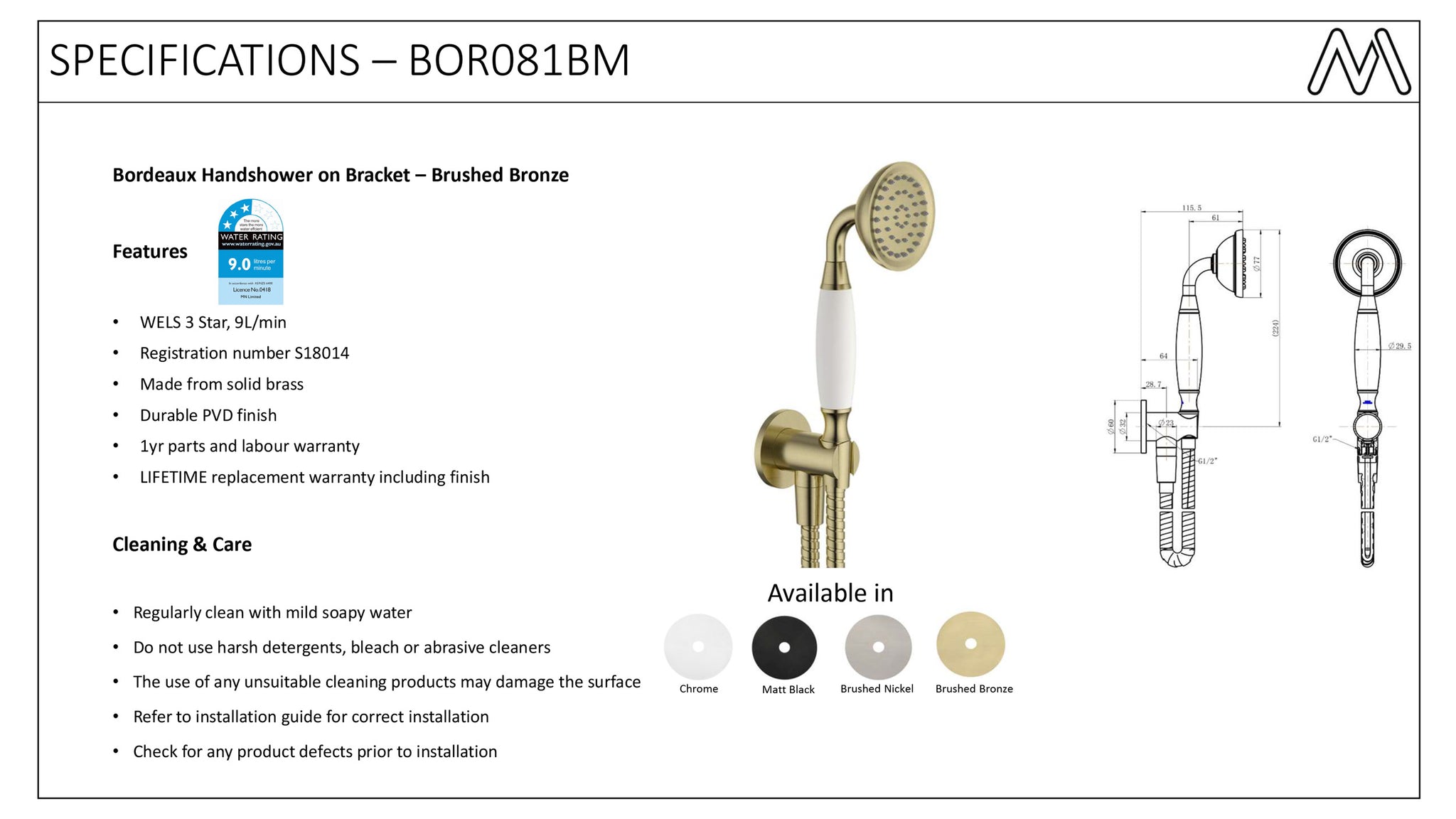 Bordeaux Hand Shower On Bracket – Brushed Bronze
