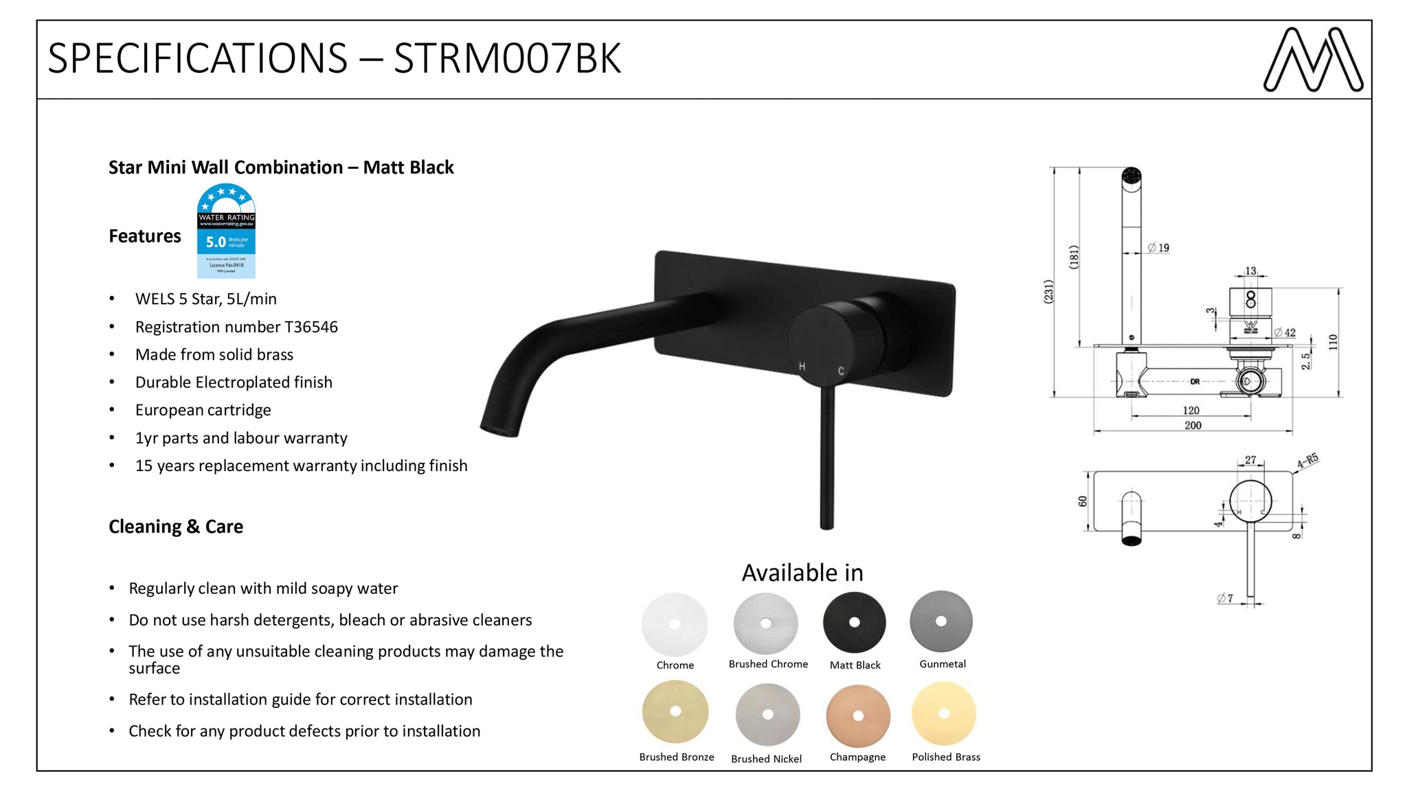 Star Mini Wall Combination Basin Mixer – Matte Black