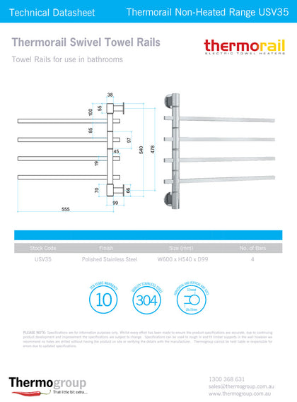Non Heated Towel Rail USV35 Specification Sheet